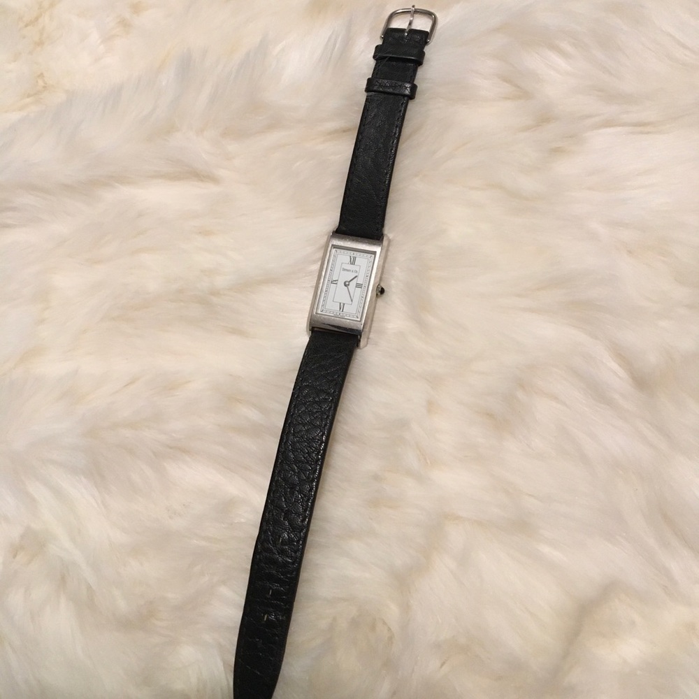 Vintage Authentic TIFFANY & CO Black Leather WATCH Rectangle Roman Numeral